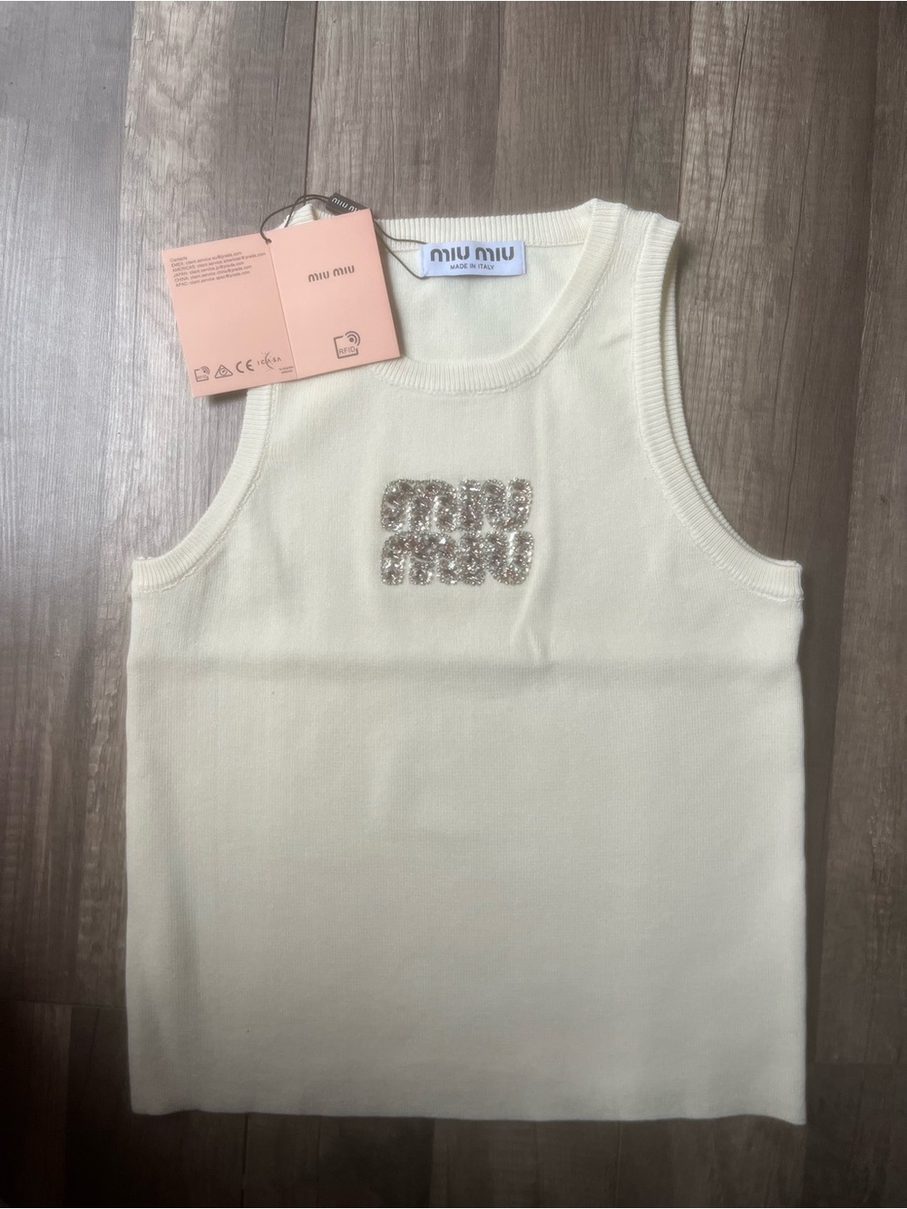 Miu Miu Cream Beaded Logo Sleeveless Knit Top - Picture 2 of 3